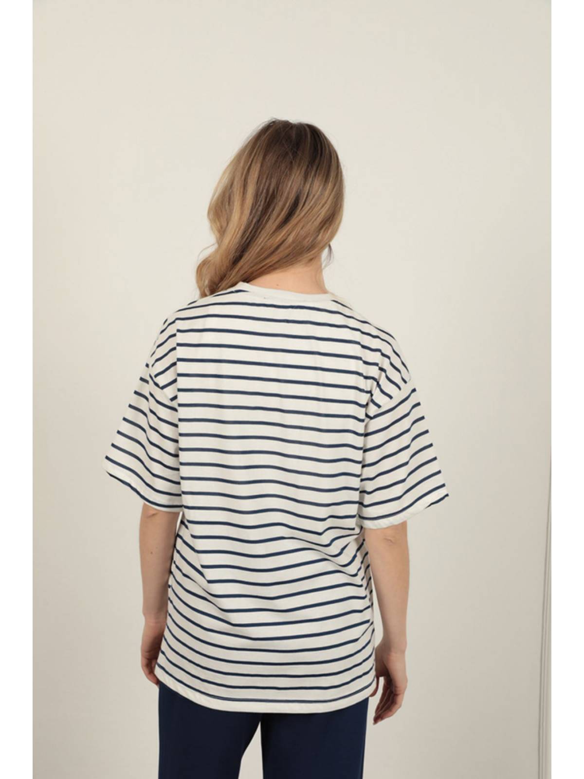 Süprem Kumaş Çizgili Sıfır Yaka Tişört-Lacivert