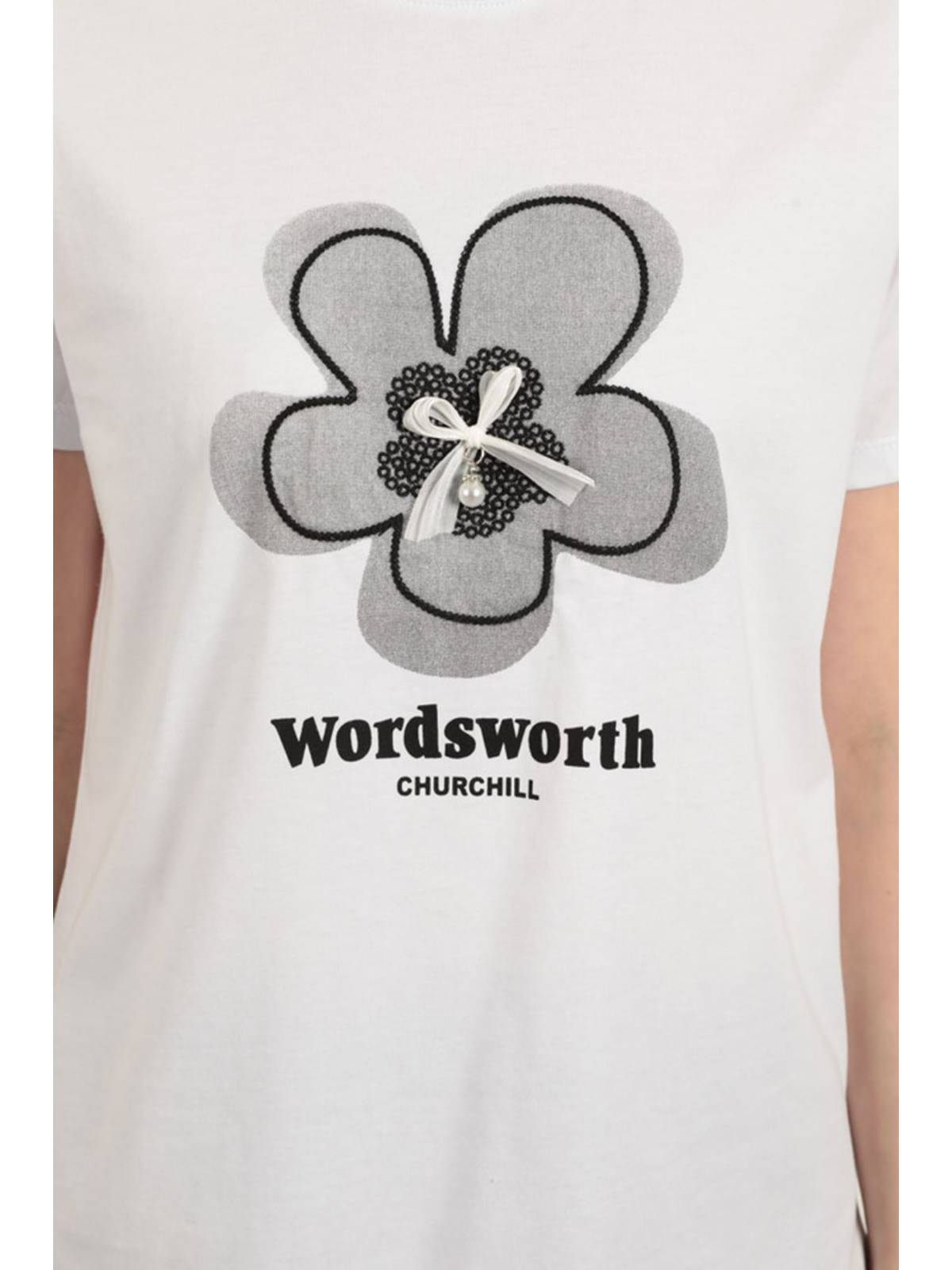 Süprem Kumaş Fiyonk Baskılı Tişört-Beyaz