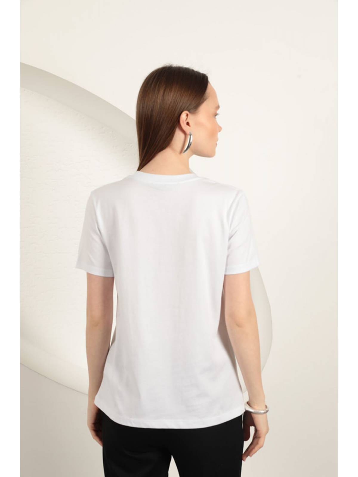 Süprem Kumaş Fiyonk Baskılı Tişört-Beyaz