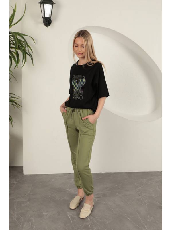 İki İplik Kumaş Çimalı Kadın Eşofman-Haki