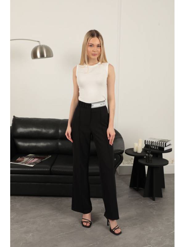 Atlas Kumaş Kemeri Taş Detaylı Pantolon-Siyah