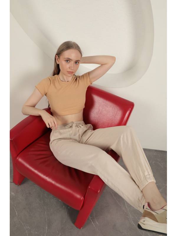 Gabardin Kumaş Paçası Lastikli Kadın Pantolon-Taş