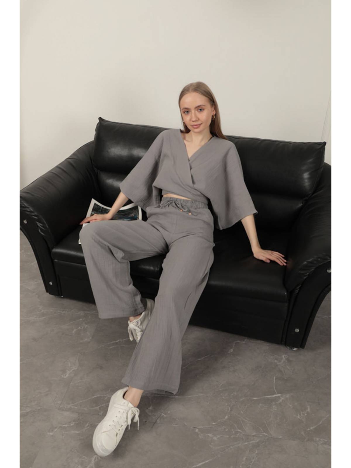 Müslin Kumaş Bol Paça Kadın Pantolon-Gri