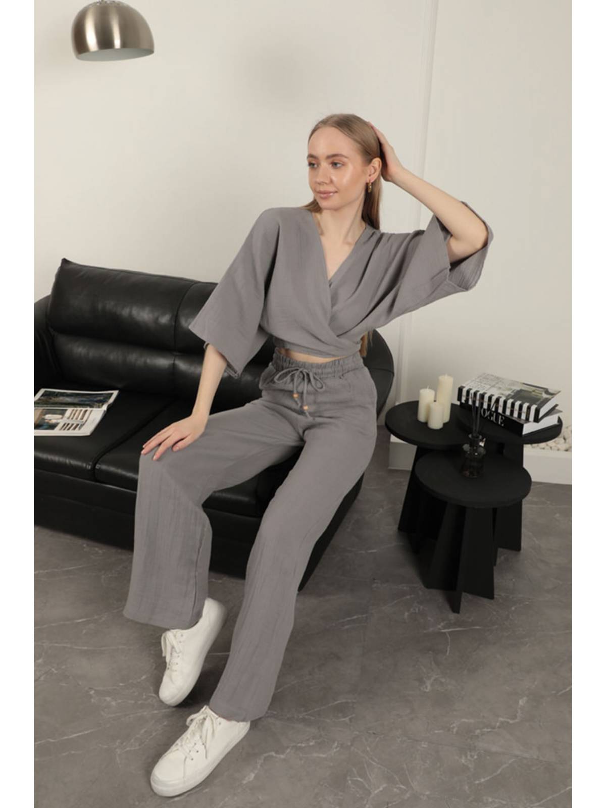 Müslin Kumaş Bol Paça Kadın Pantolon-Gri