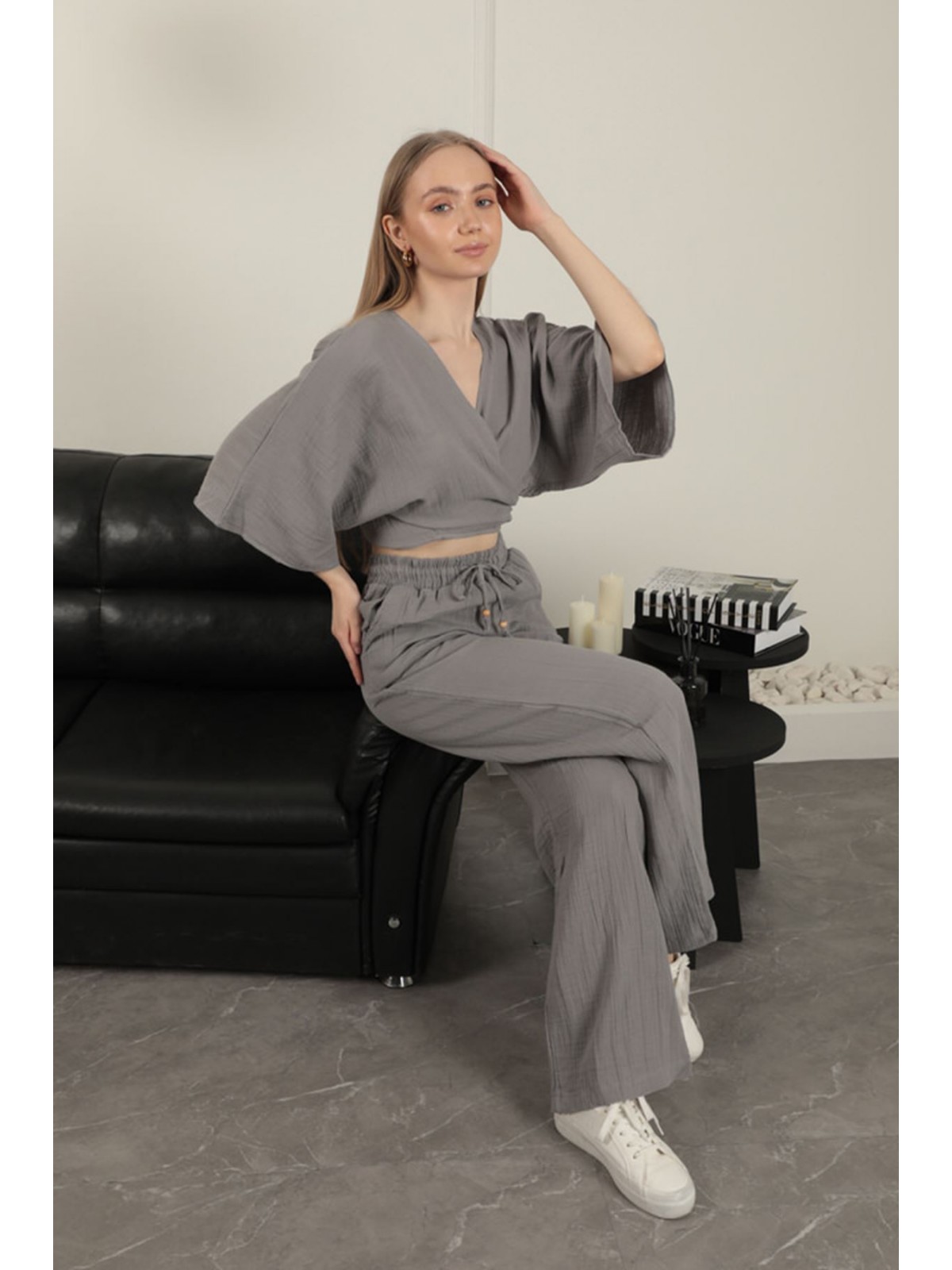 Müslin Kumaş Bol Paça Kadın Pantolon-Gri