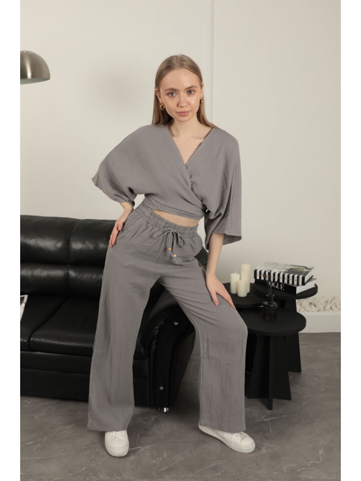 Müslin Kumaş Bol Paça Kadın Pantolon-Gri