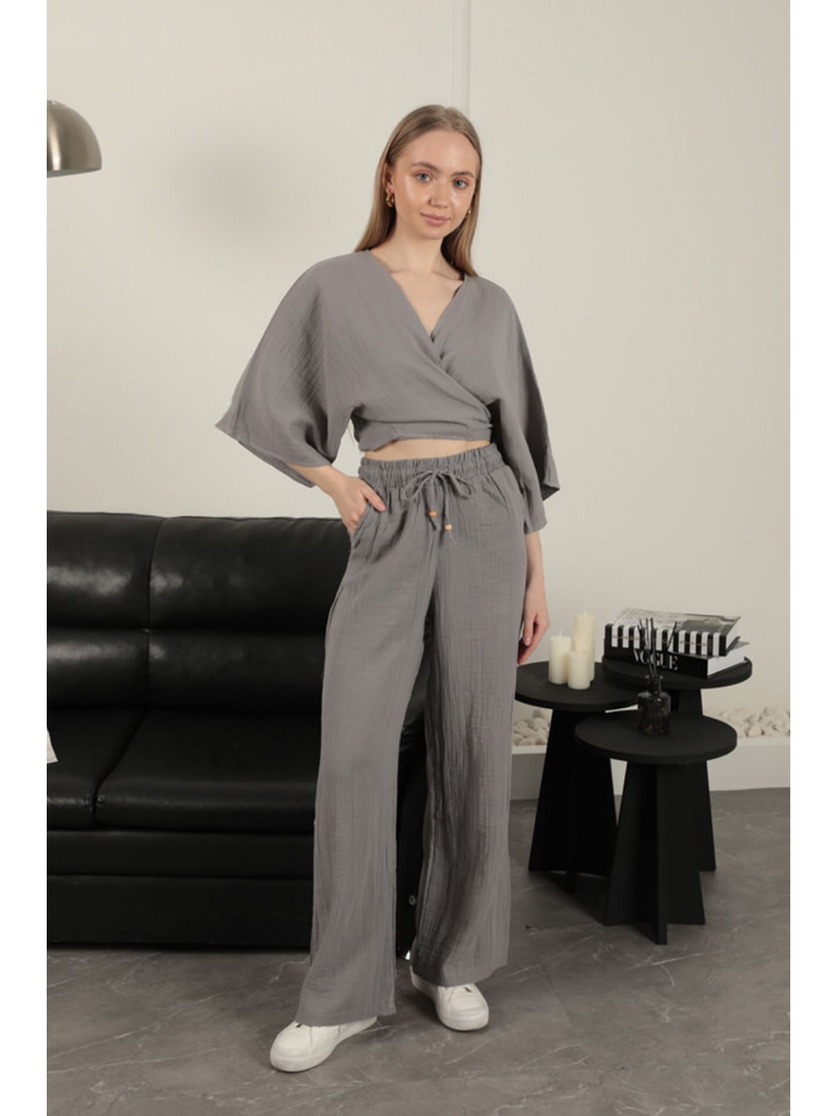 Müslin Kumaş Bol Paça Kadın Pantolon-Gri