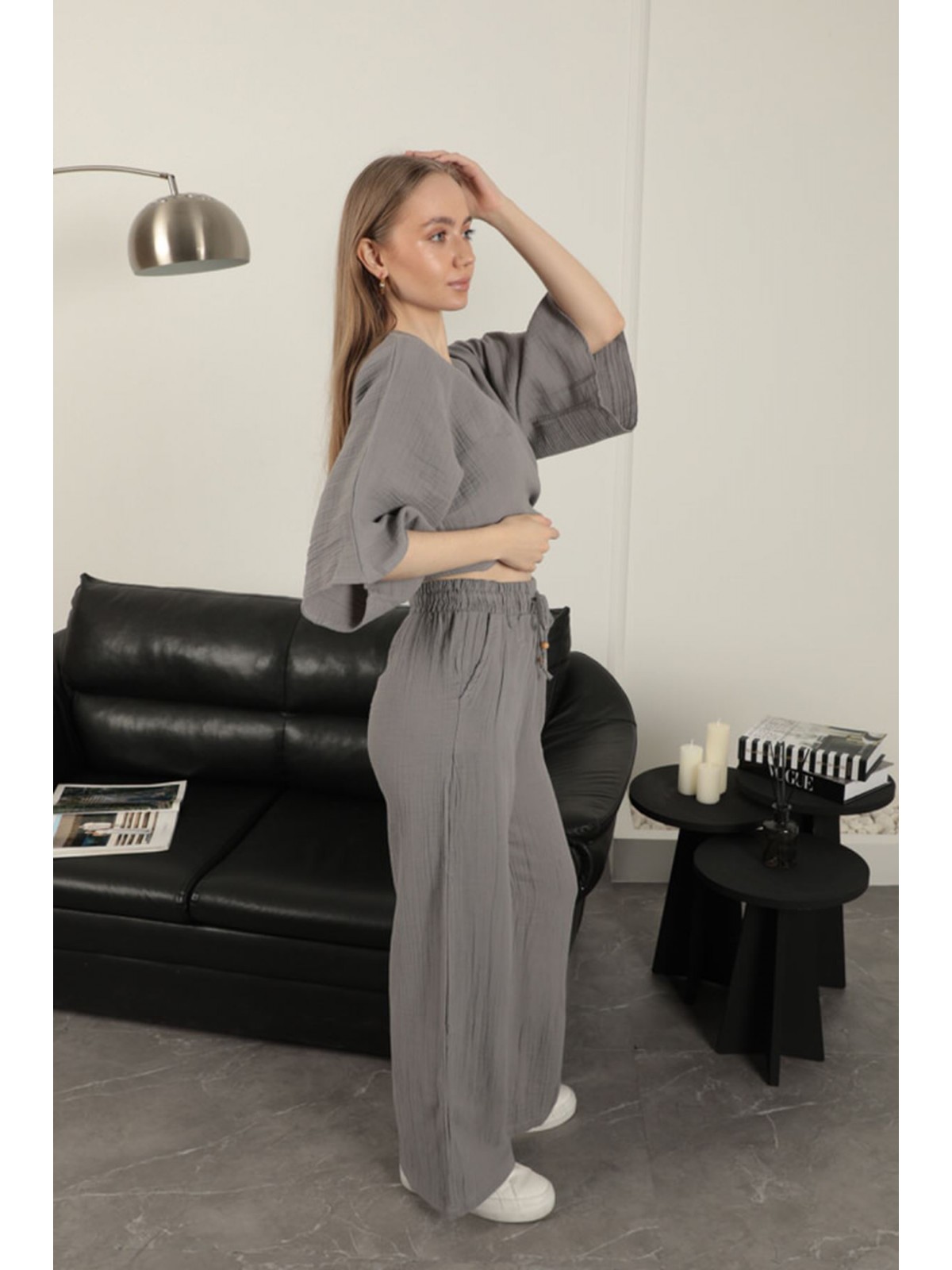 Müslin Kumaş Bol Paça Kadın Pantolon-Gri