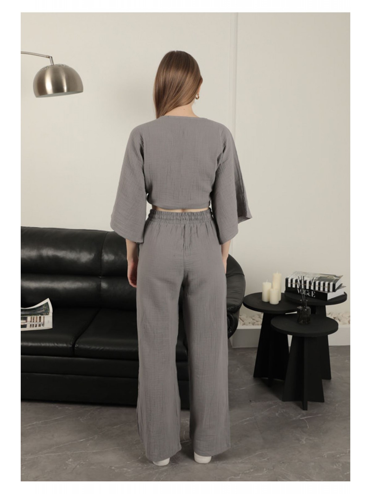 Müslin Kumaş Bol Paça Kadın Pantolon-Gri