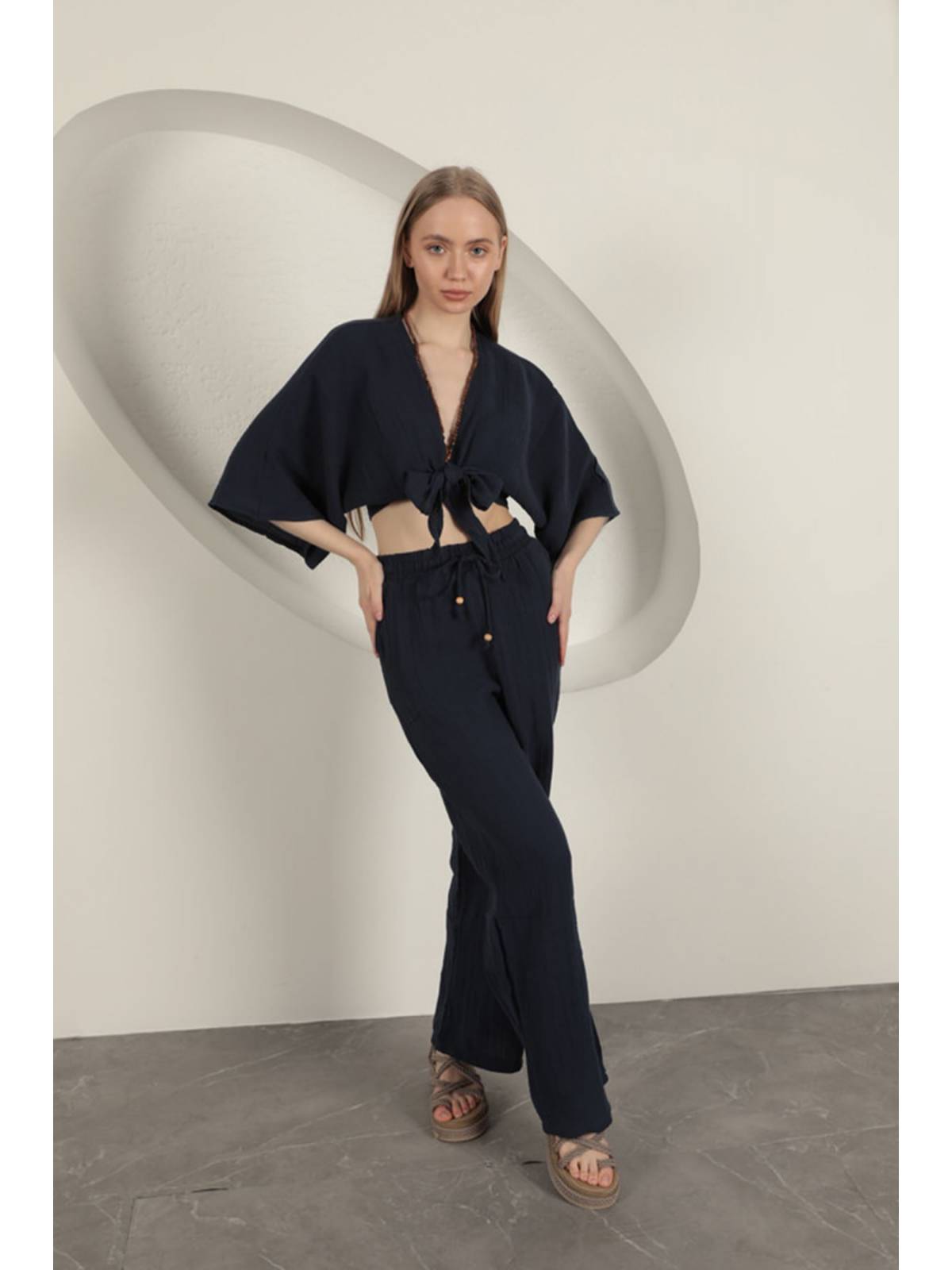 Müslin Kumaş Bol Paça Kadın Pantolon-Lacivert