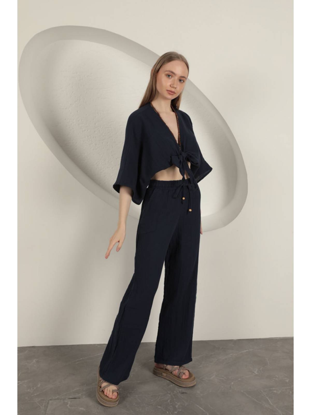 Müslin Kumaş Bol Paça Kadın Pantolon-Lacivert