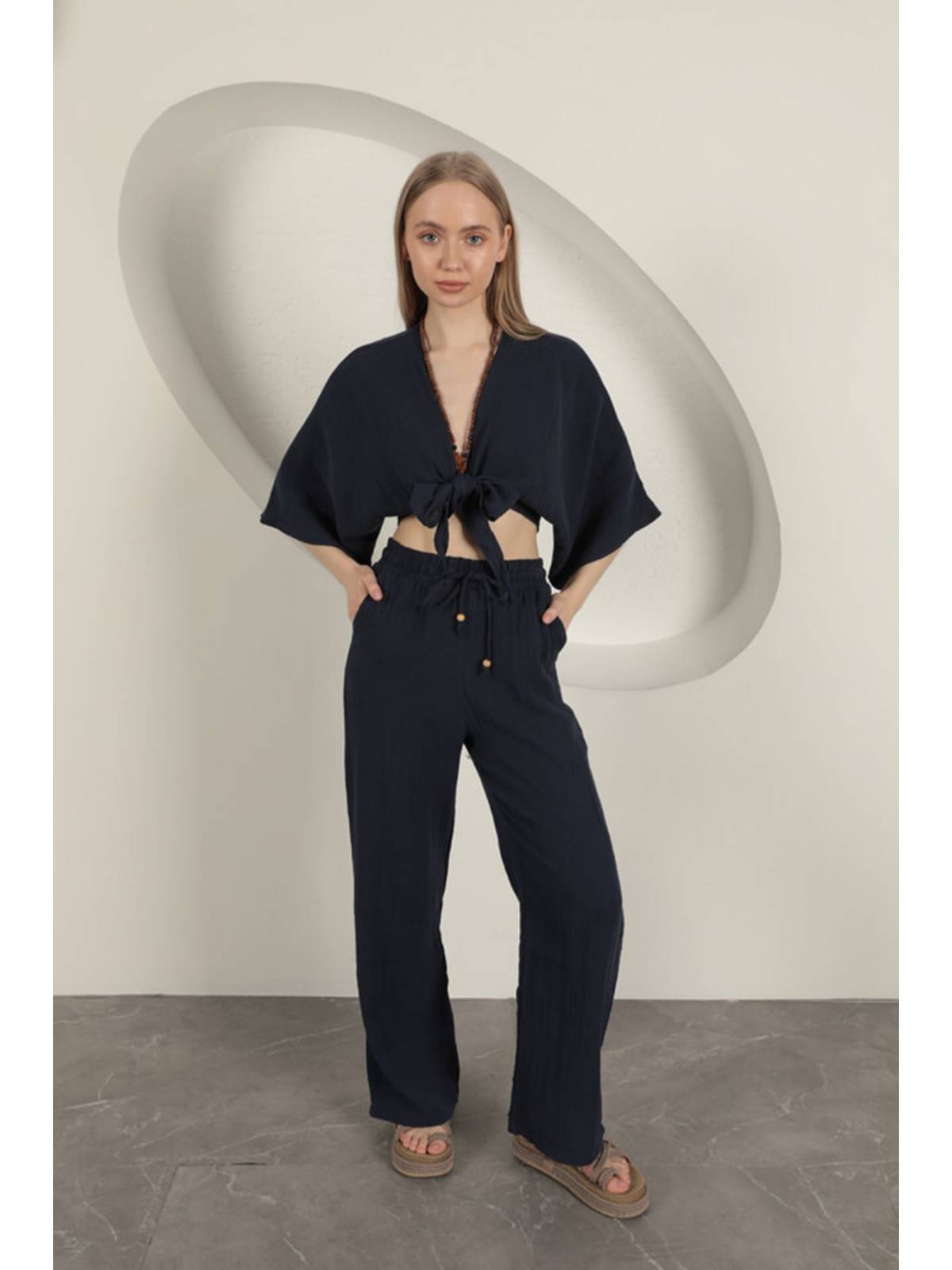 Müslin Kumaş Bol Paça Kadın Pantolon-Lacivert