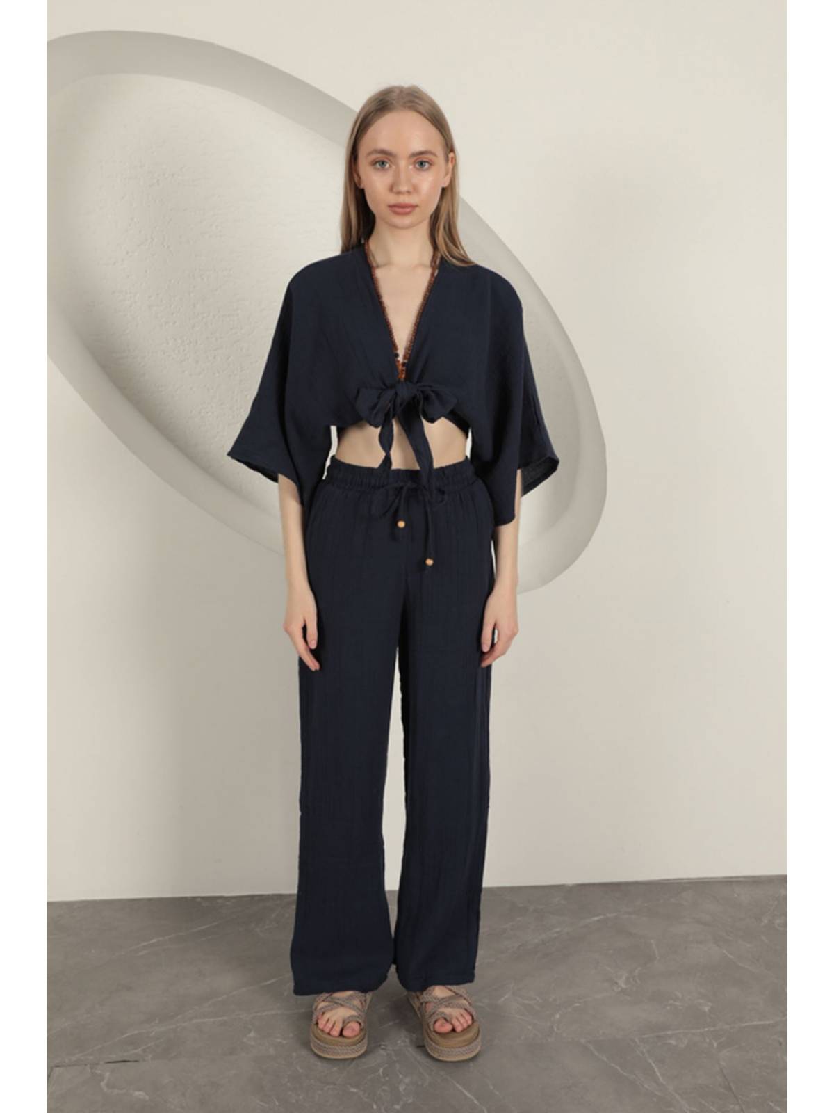 Müslin Kumaş Bol Paça Kadın Pantolon-Lacivert