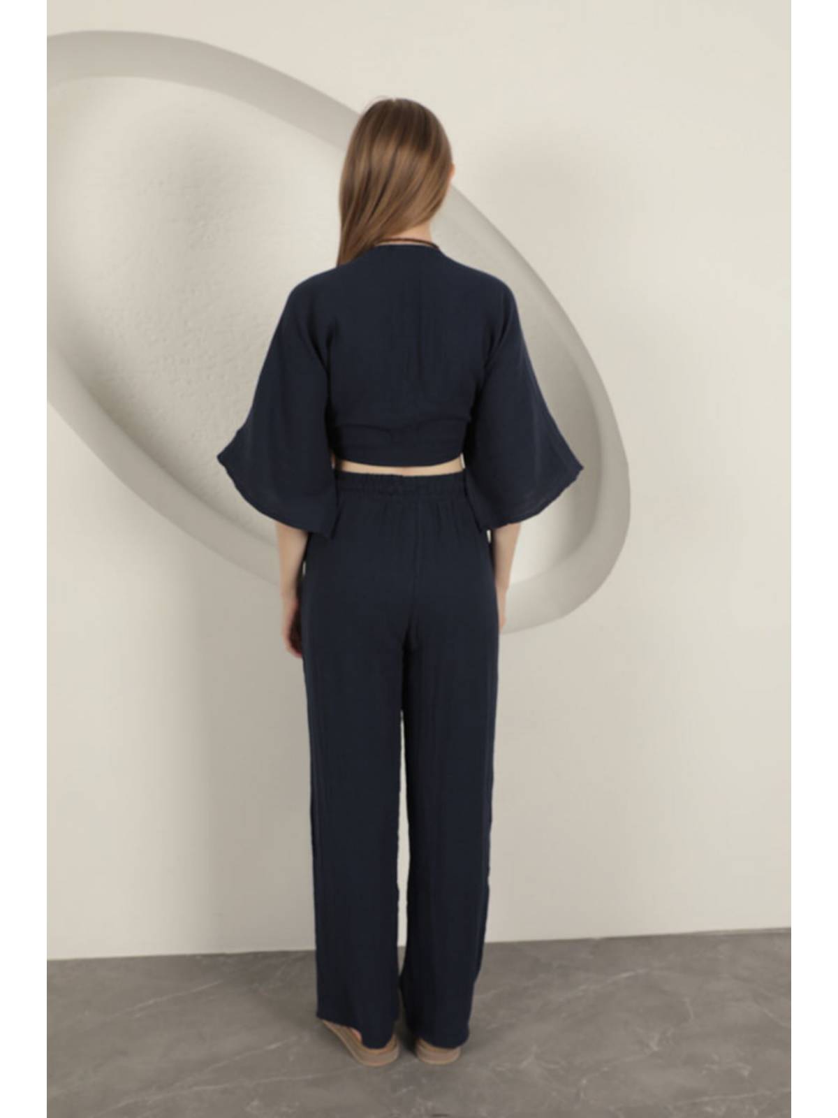 Müslin Kumaş Bol Paça Kadın Pantolon-Lacivert