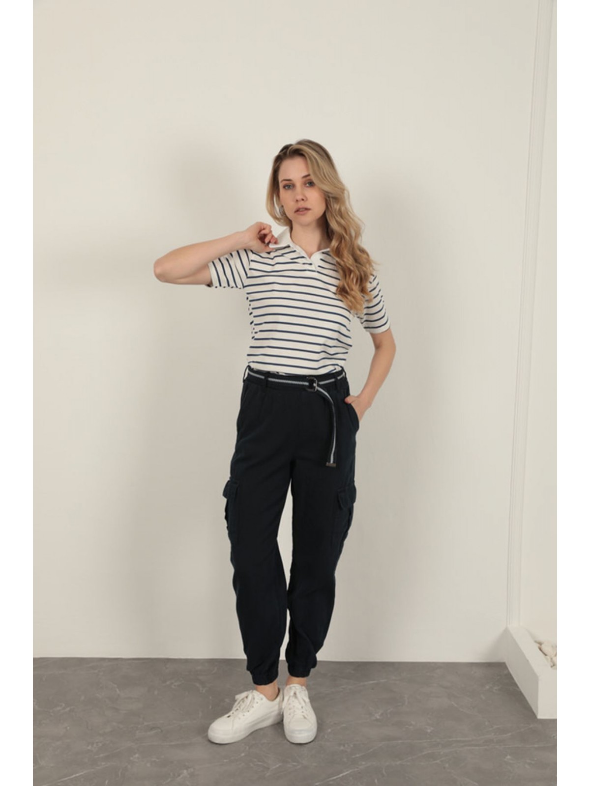 Gabardin Kumaş Kemerli Kargo Kadın Pantolon-Lacivert