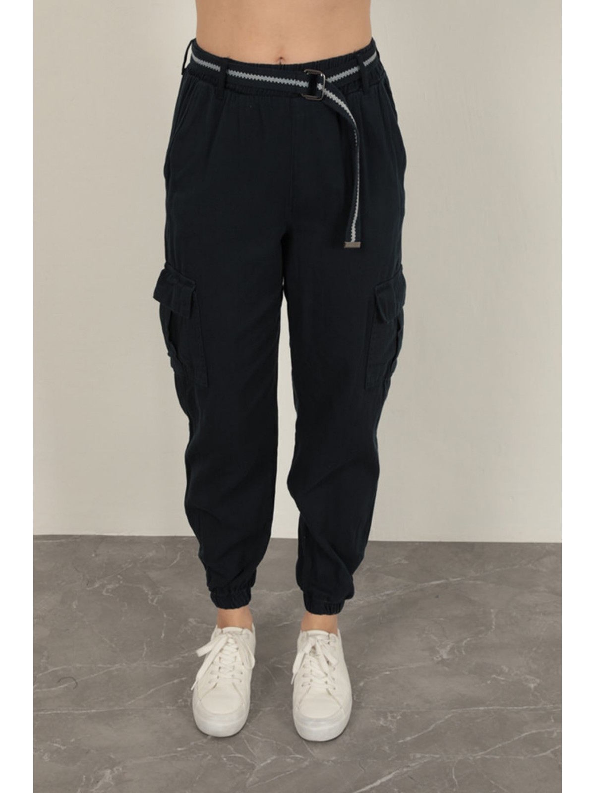 Gabardin Kumaş Kemerli Kargo Kadın Pantolon-Lacivert