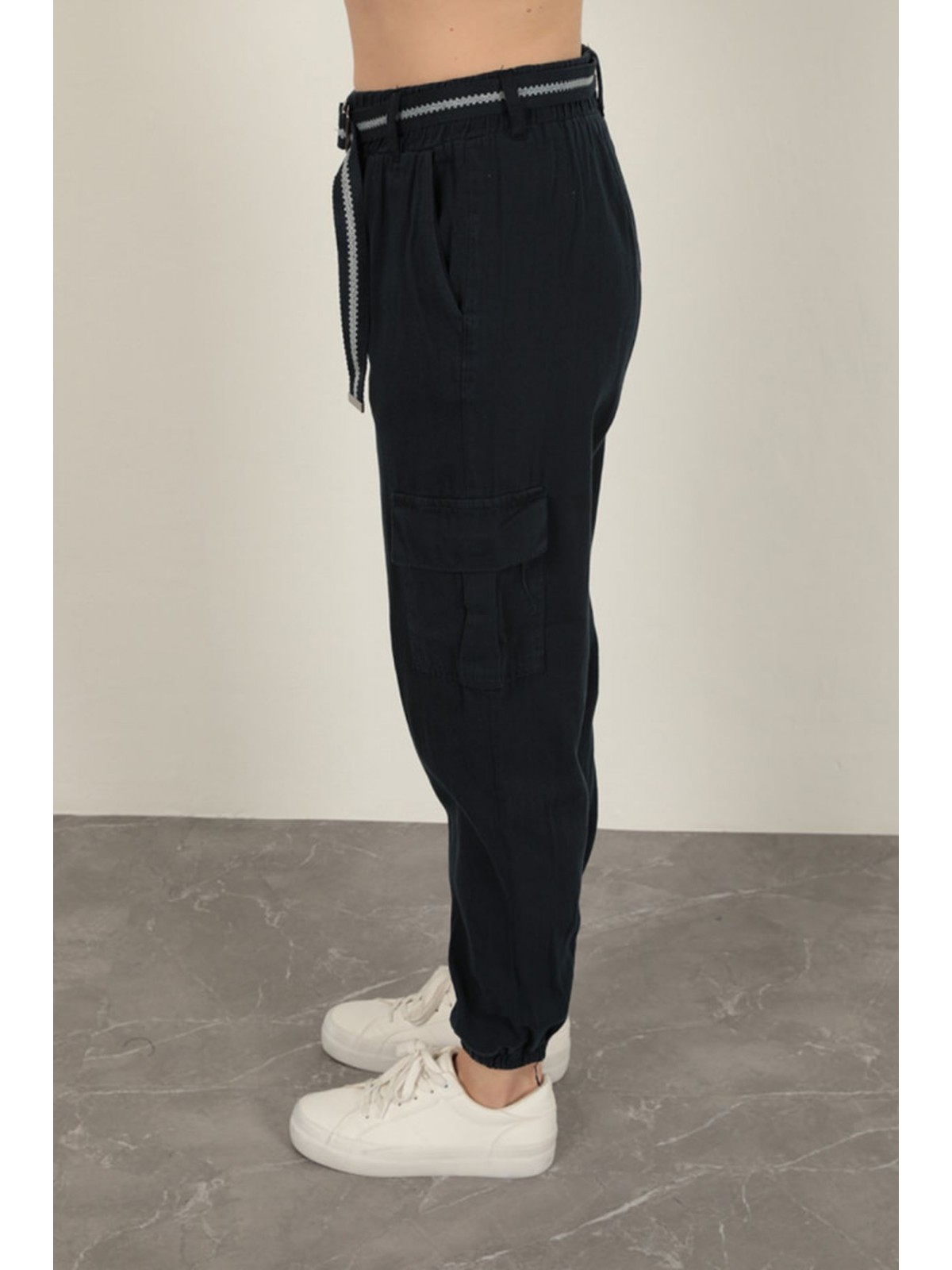 Gabardin Kumaş Kemerli Kargo Kadın Pantolon-Lacivert