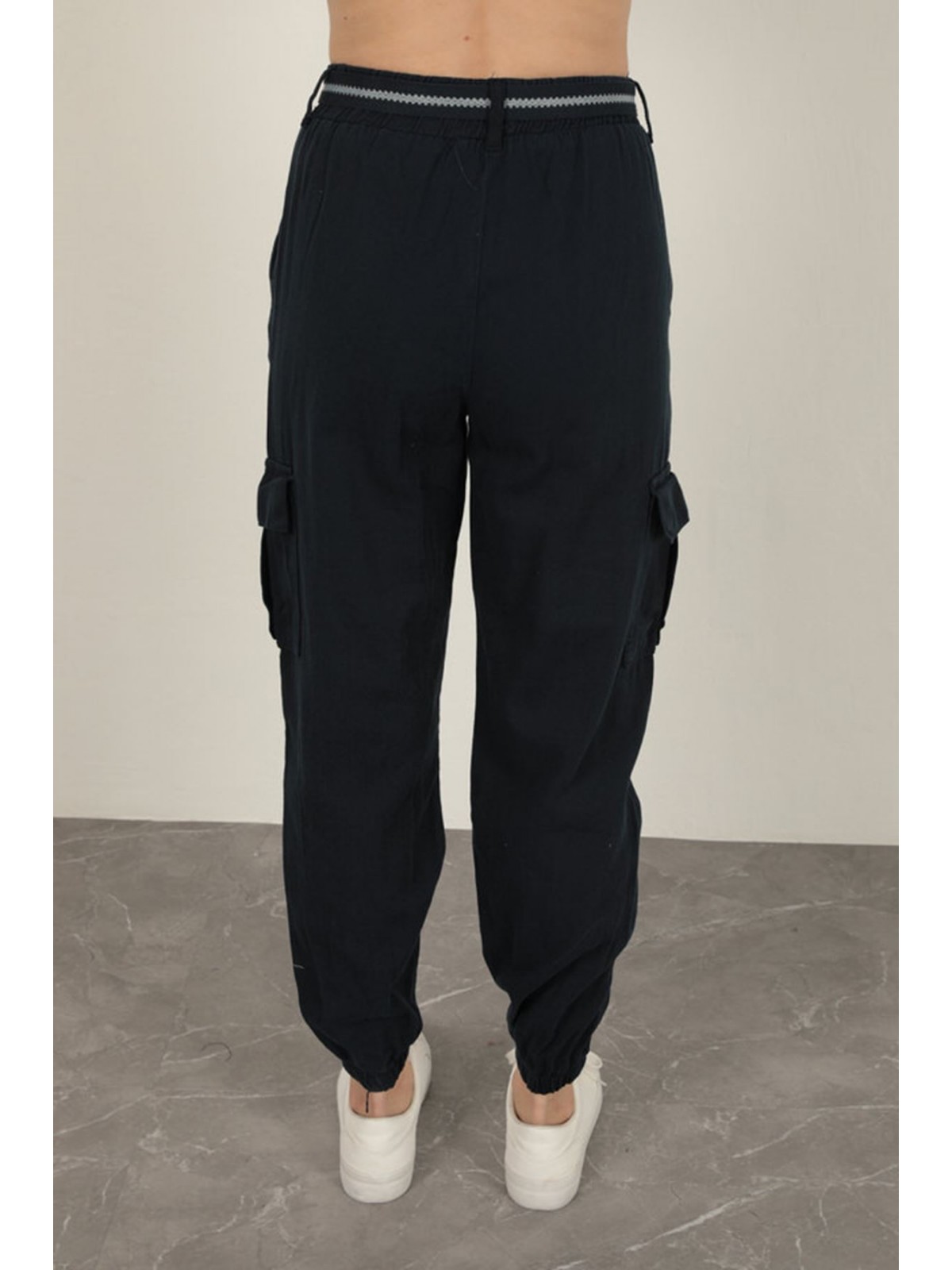 Gabardin Kumaş Kemerli Kargo Kadın Pantolon-Lacivert