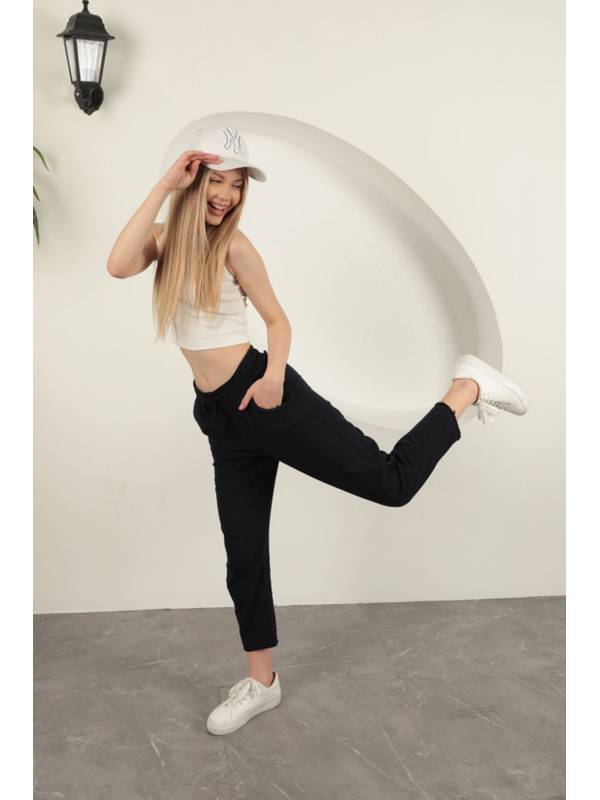 Keten Kumaş Püsküllü Paça Kadın Pantolon-Lacivert