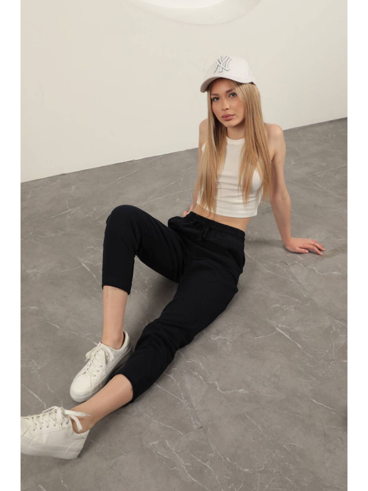 Keten Kumaş Püsküllü Paça Kadın Pantolon-Lacivert