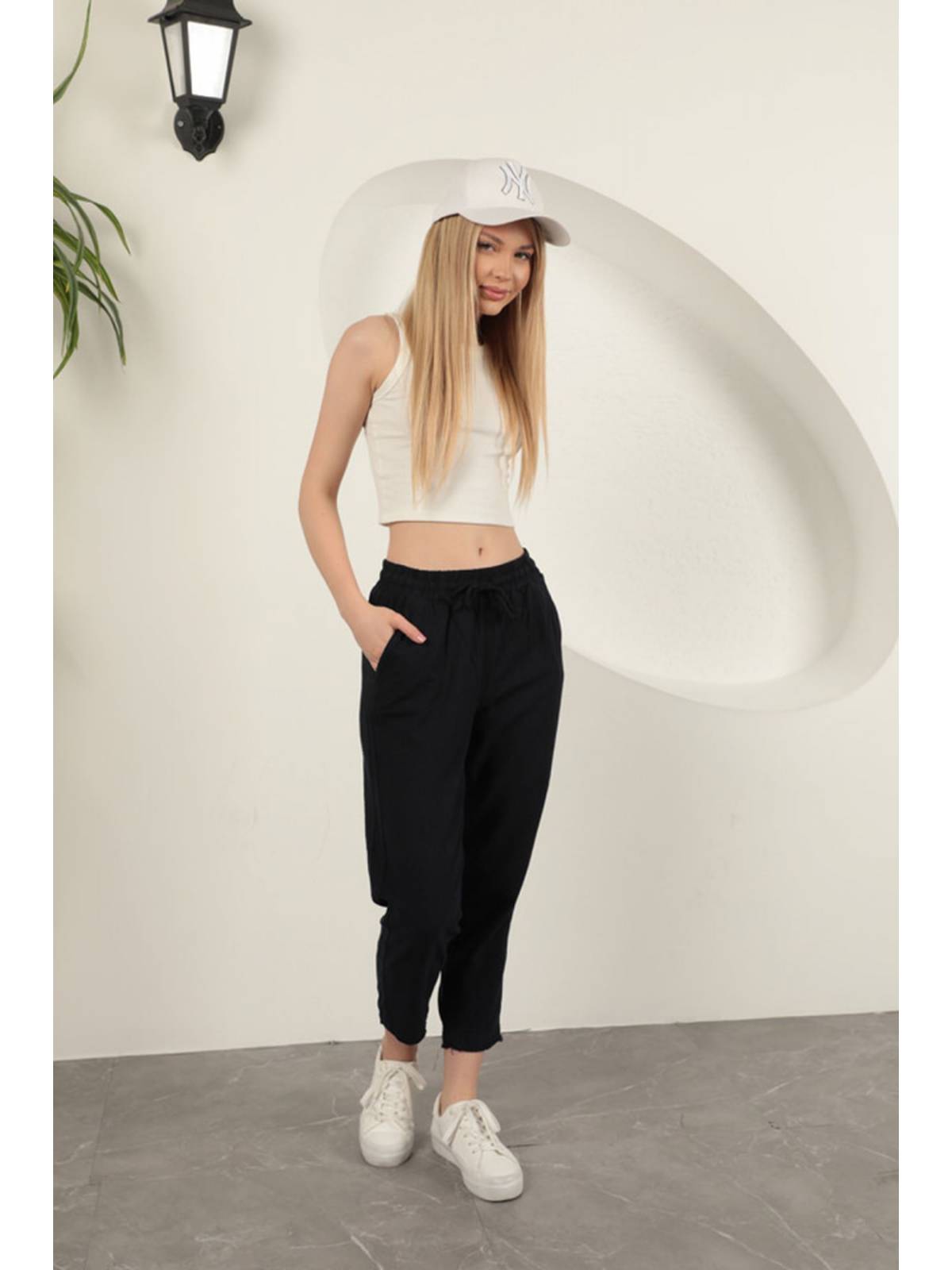 Keten Kumaş Püsküllü Paça Kadın Pantolon-Lacivert