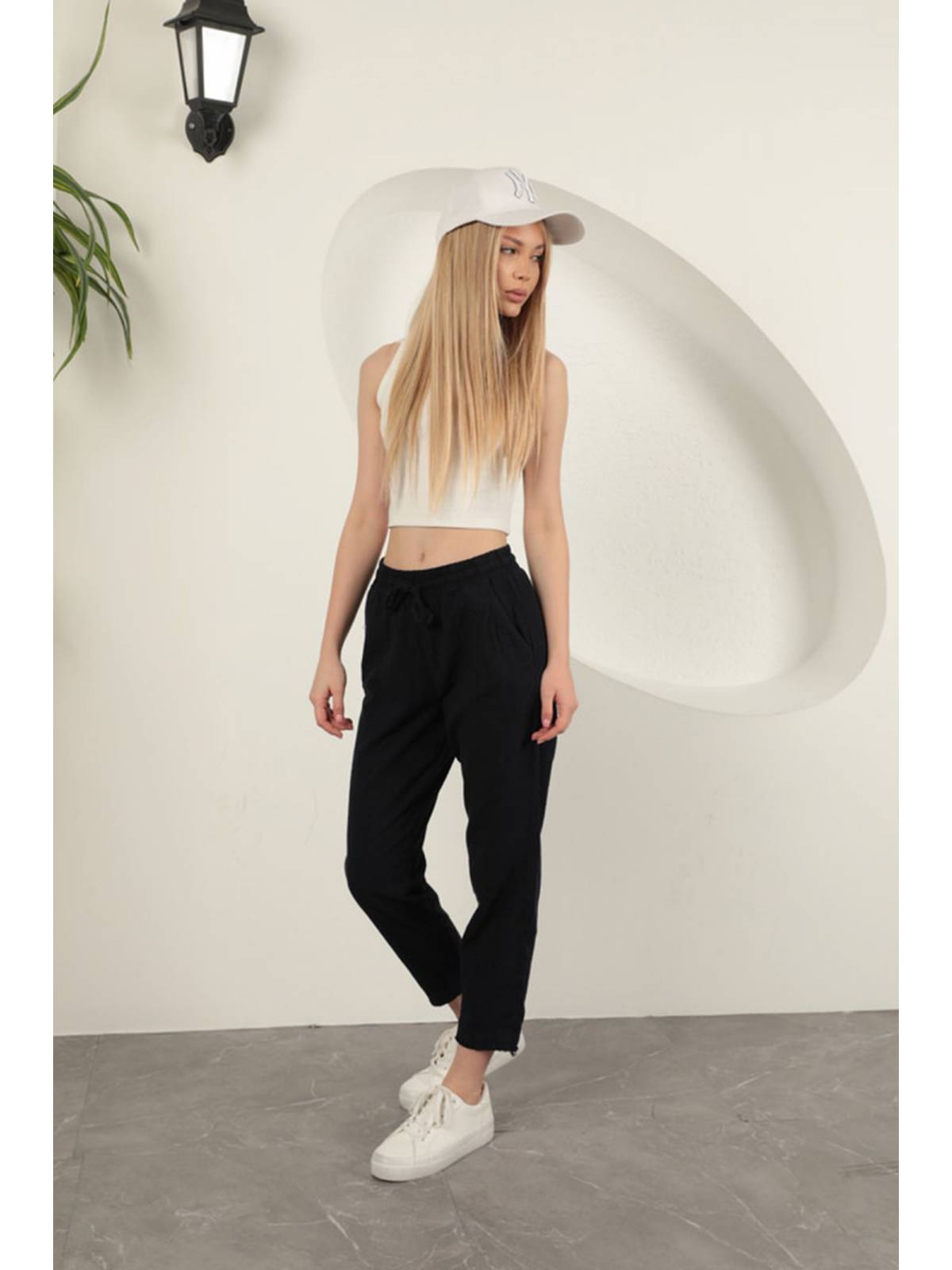 Keten Kumaş Püsküllü Paça Kadın Pantolon-Lacivert