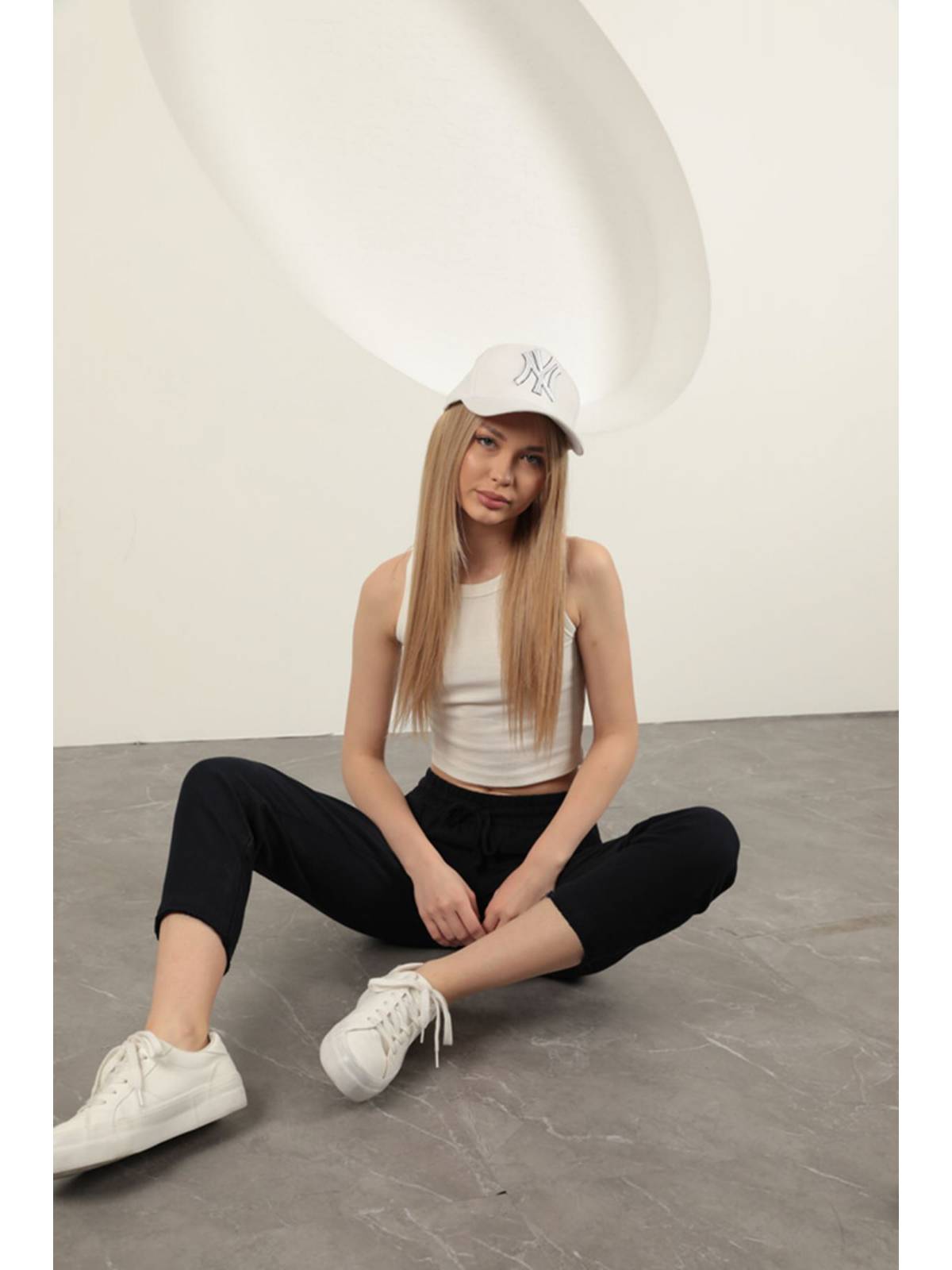 Keten Kumaş Püsküllü Paça Kadın Pantolon-Lacivert