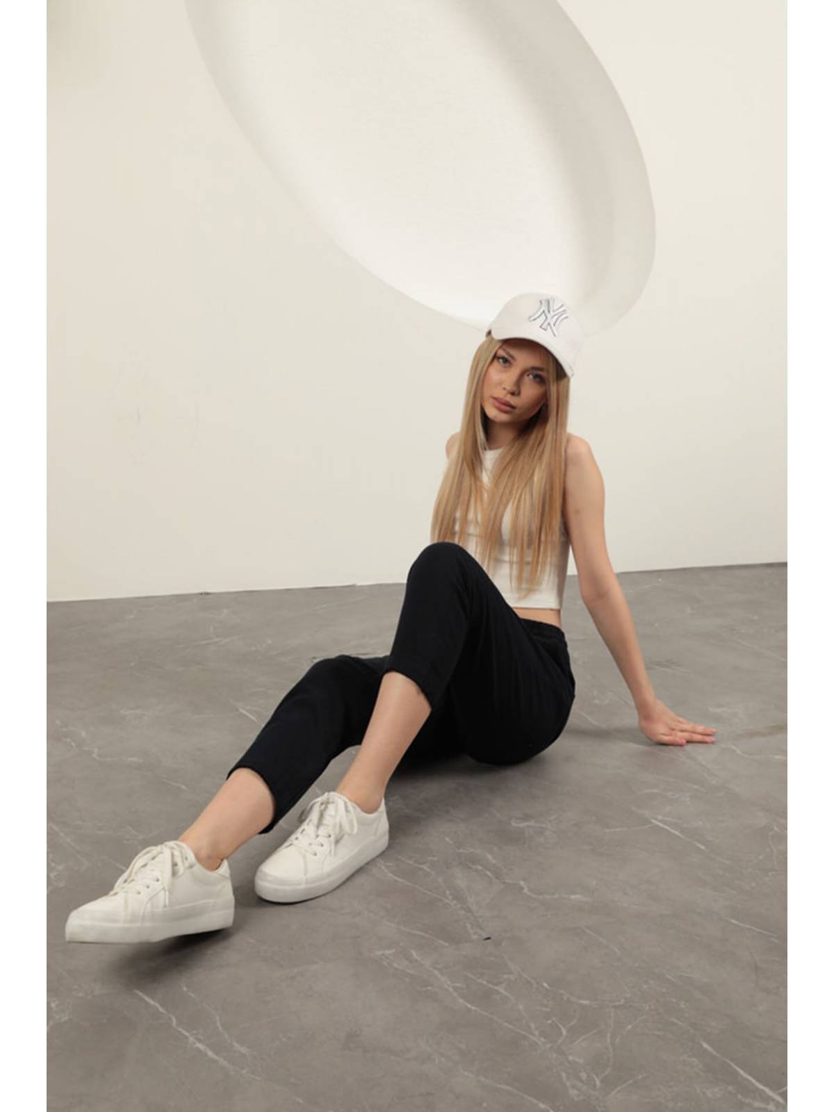 Keten Kumaş Püsküllü Paça Kadın Pantolon-Lacivert