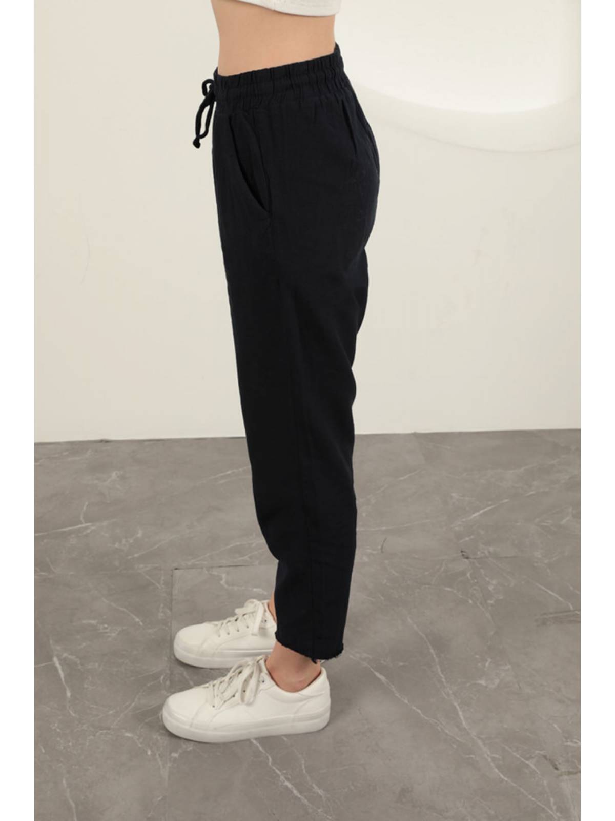 Keten Kumaş Püsküllü Paça Kadın Pantolon-Lacivert