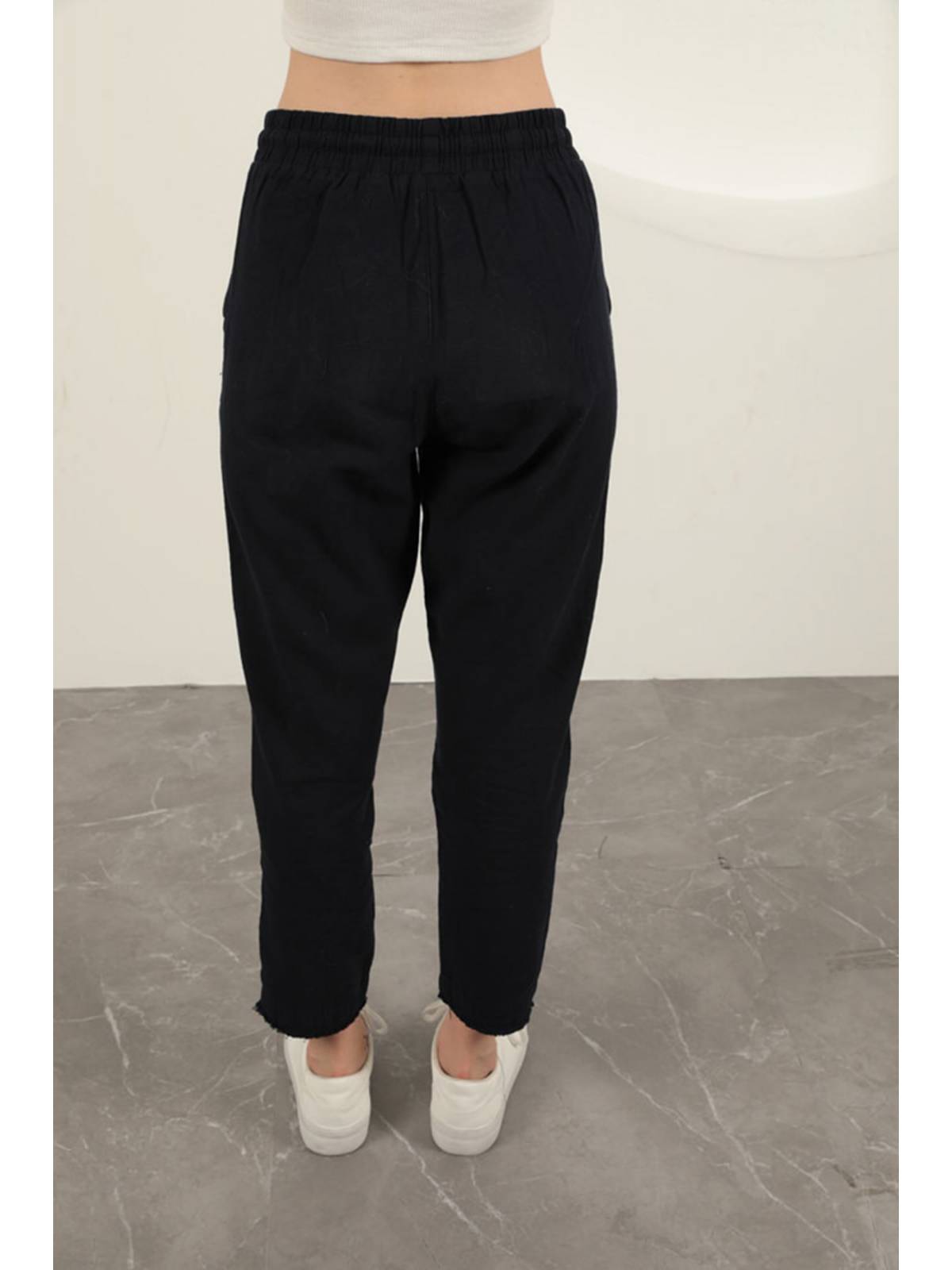 Keten Kumaş Püsküllü Paça Kadın Pantolon-Lacivert