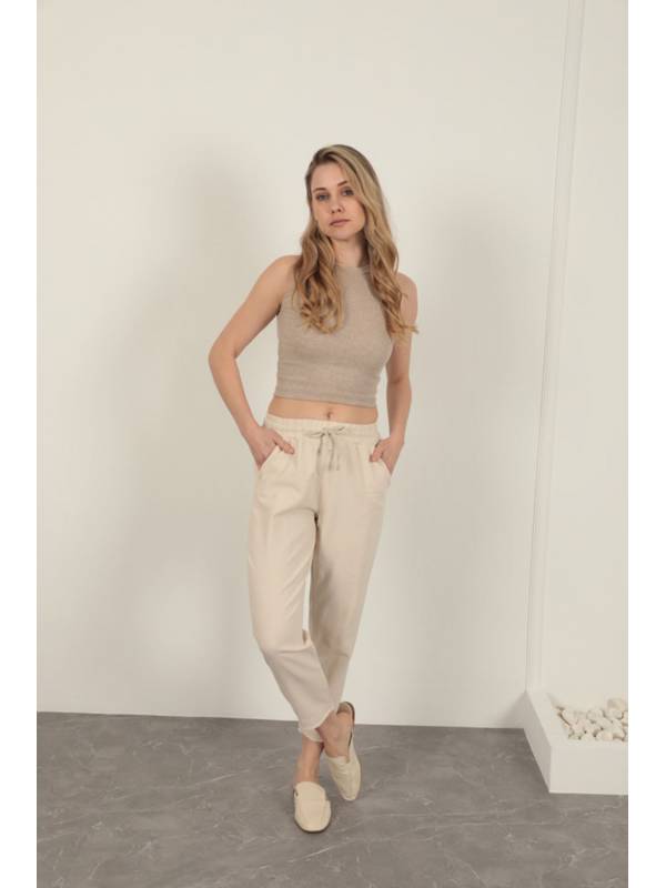 Keten Kumaş Püsküllü Paça Kadın Pantolon-Taş