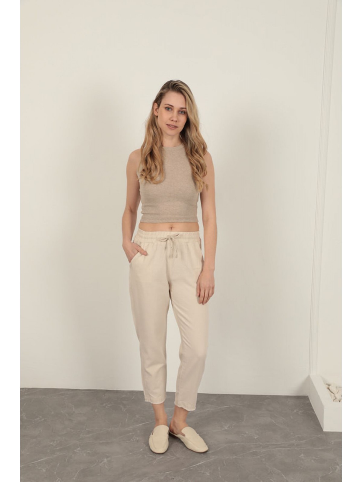Keten Kumaş Püsküllü Paça Kadın Pantolon-Taş