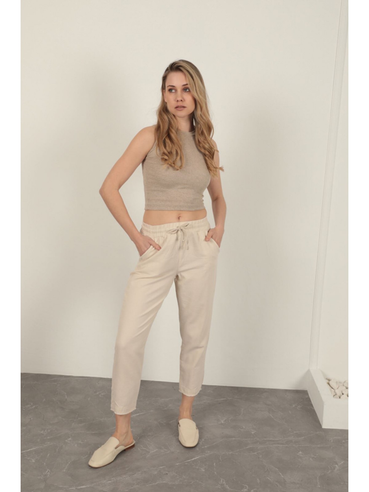 Keten Kumaş Püsküllü Paça Kadın Pantolon-Taş