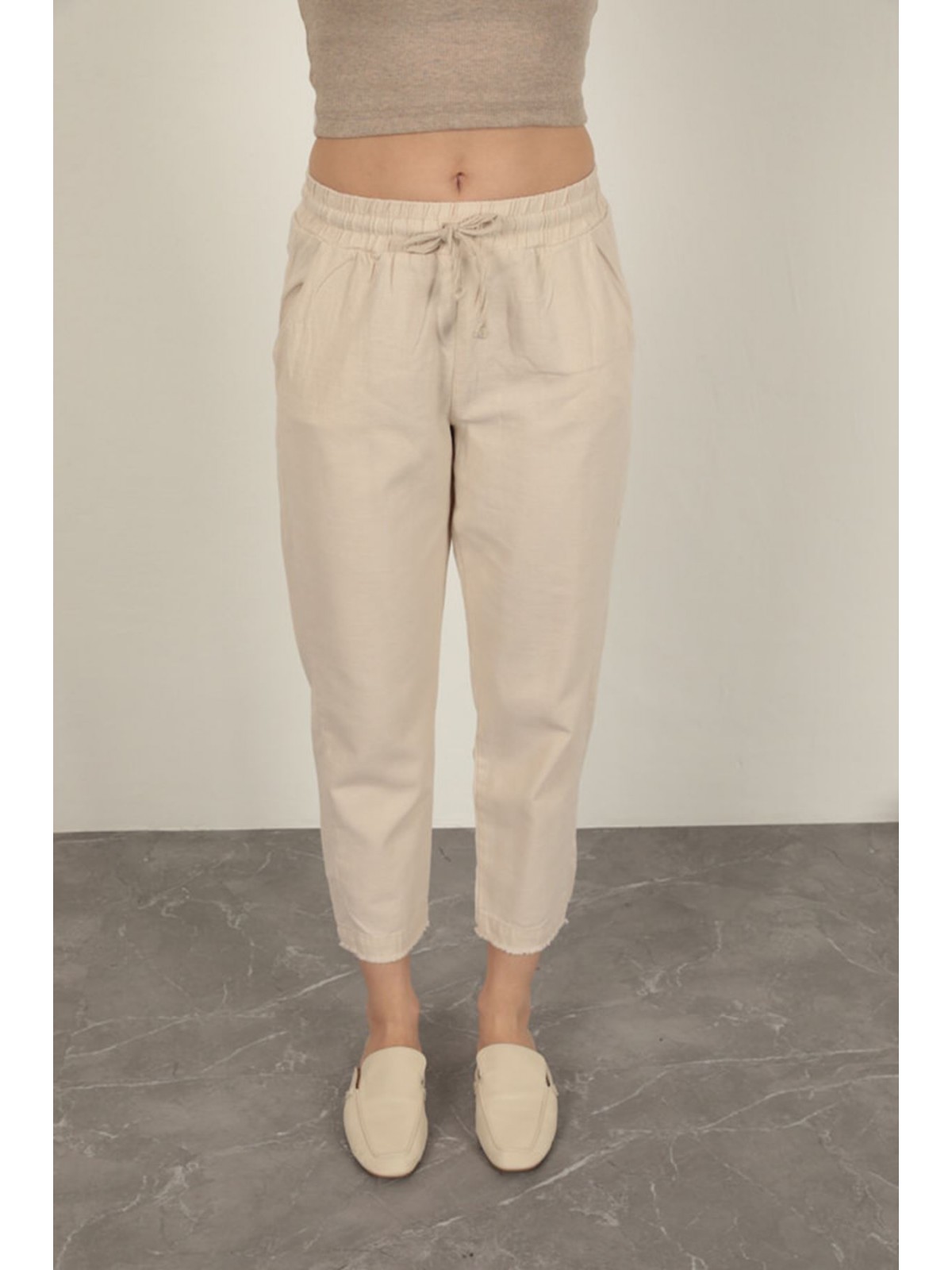 Keten Kumaş Püsküllü Paça Kadın Pantolon-Taş