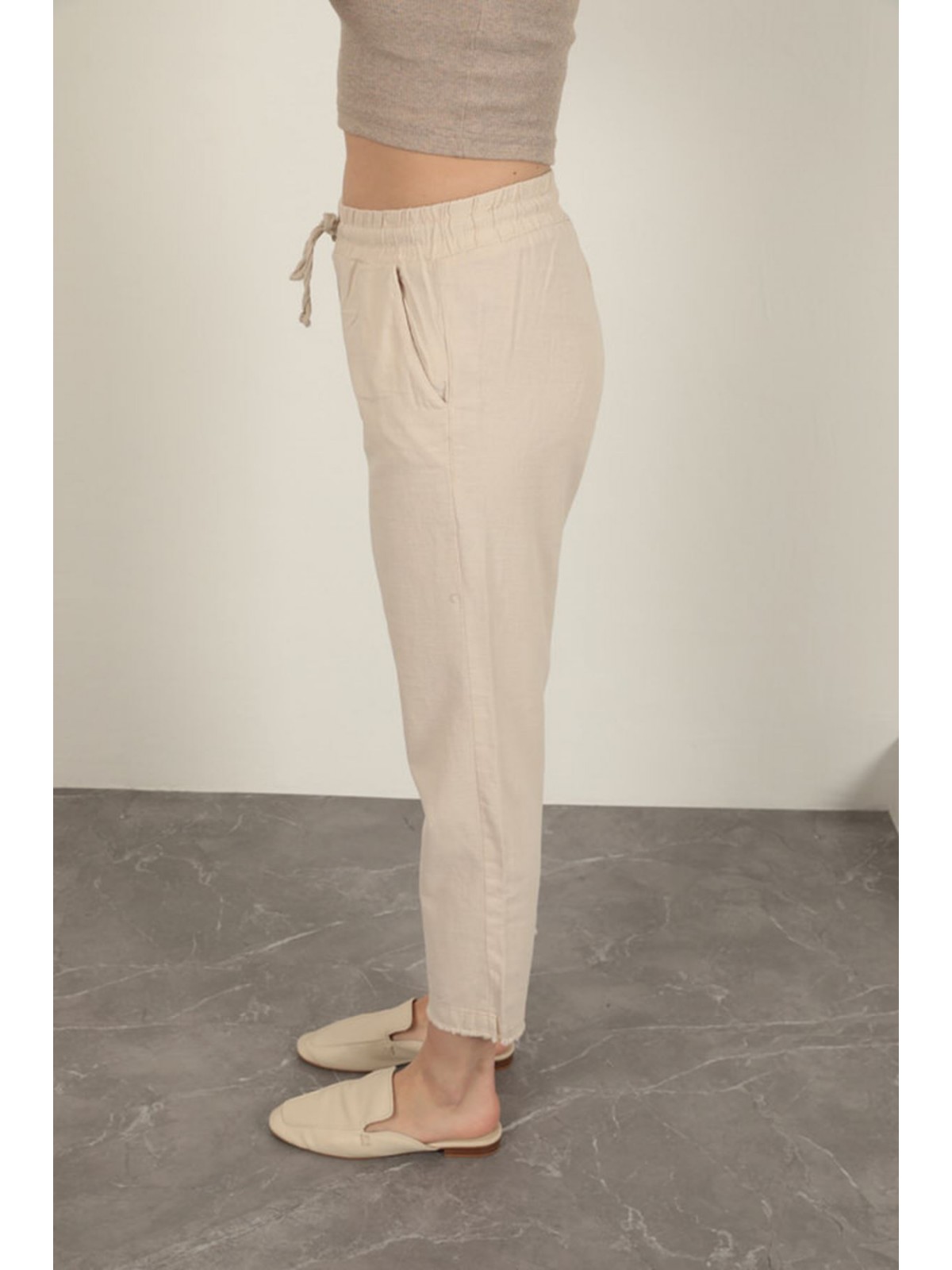 Keten Kumaş Püsküllü Paça Kadın Pantolon-Taş