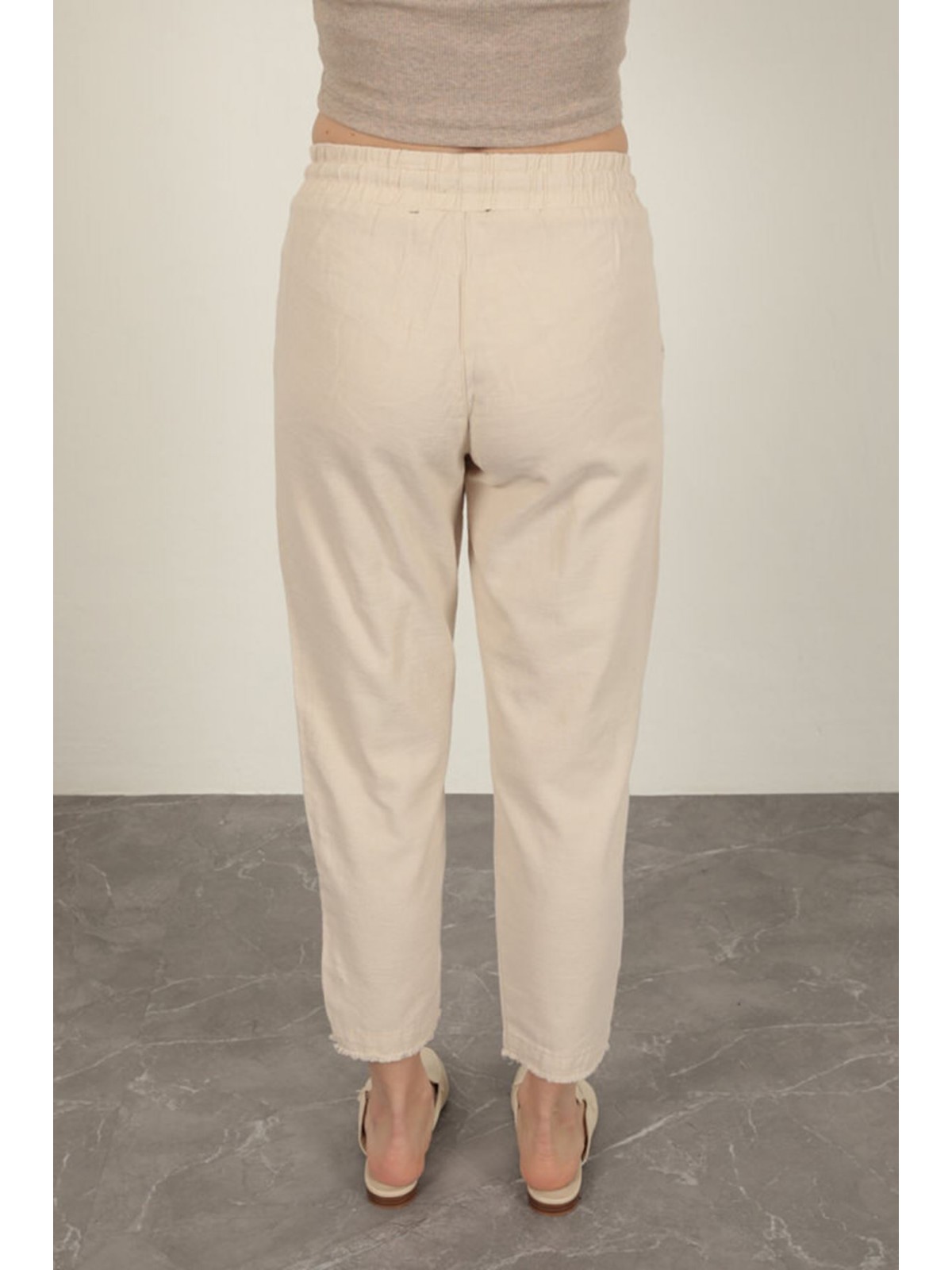 Keten Kumaş Püsküllü Paça Kadın Pantolon-Taş