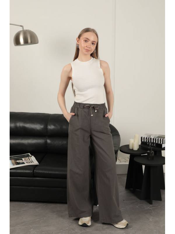 Keten Kumaş Bol Paça Kadın Pantolon-Antrasit
