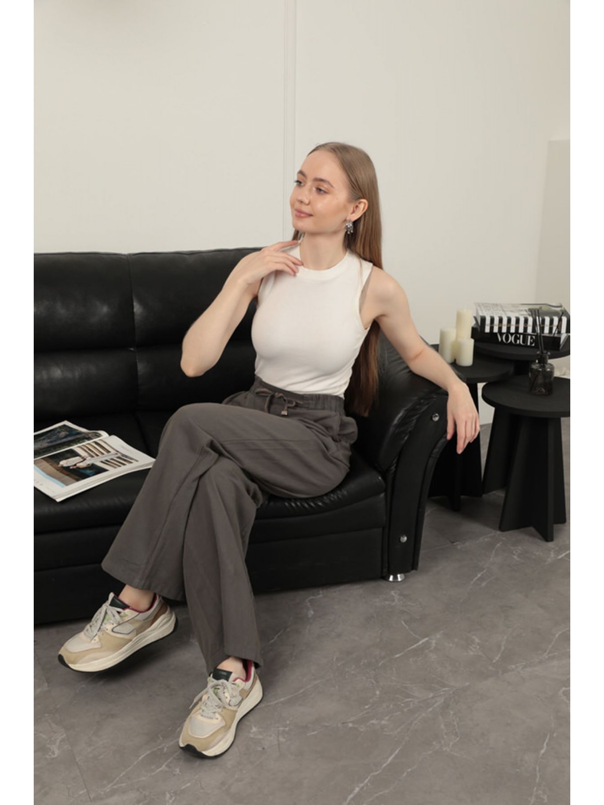 Keten Kumaş Bol Paça Kadın Pantolon-Antrasit