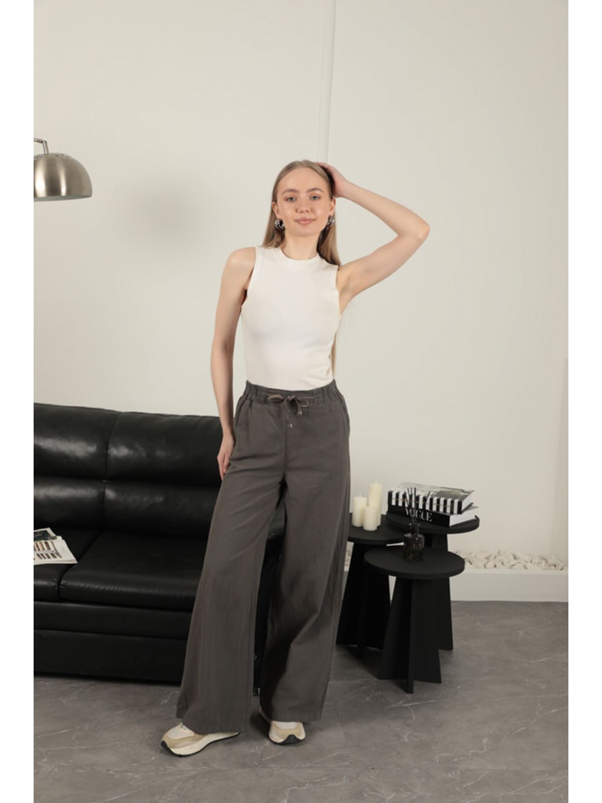 Keten Kumaş Bol Paça Kadın Pantolon-Antrasit