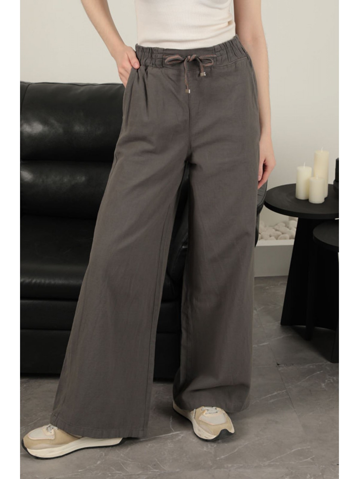 Keten Kumaş Bol Paça Kadın Pantolon-Antrasit