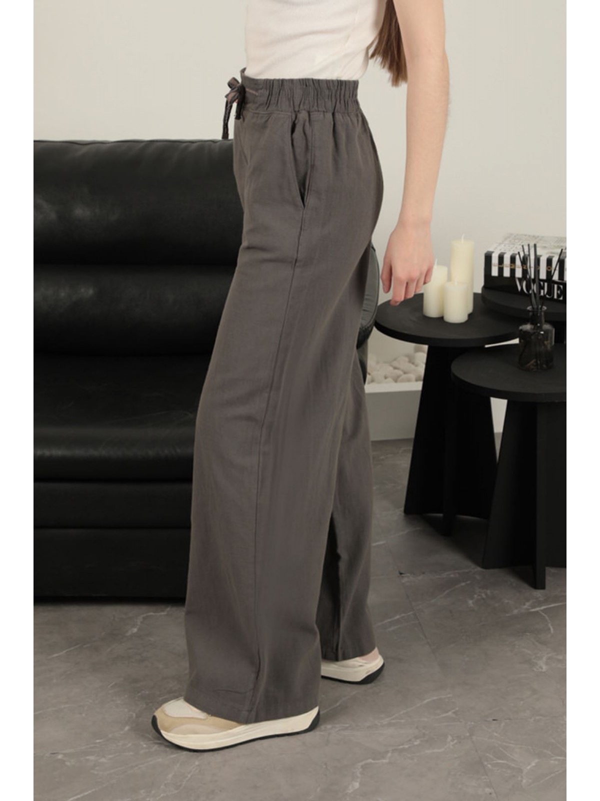Keten Kumaş Bol Paça Kadın Pantolon-Antrasit