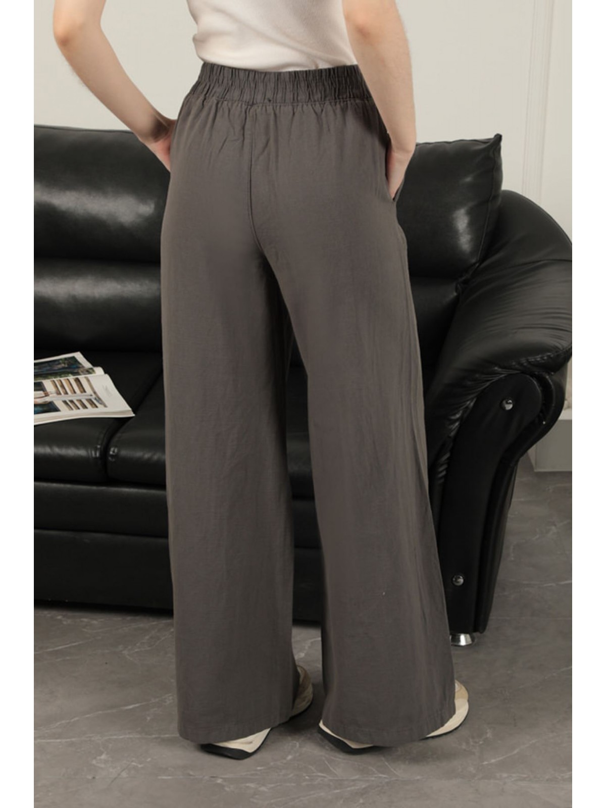 Keten Kumaş Bol Paça Kadın Pantolon-Antrasit