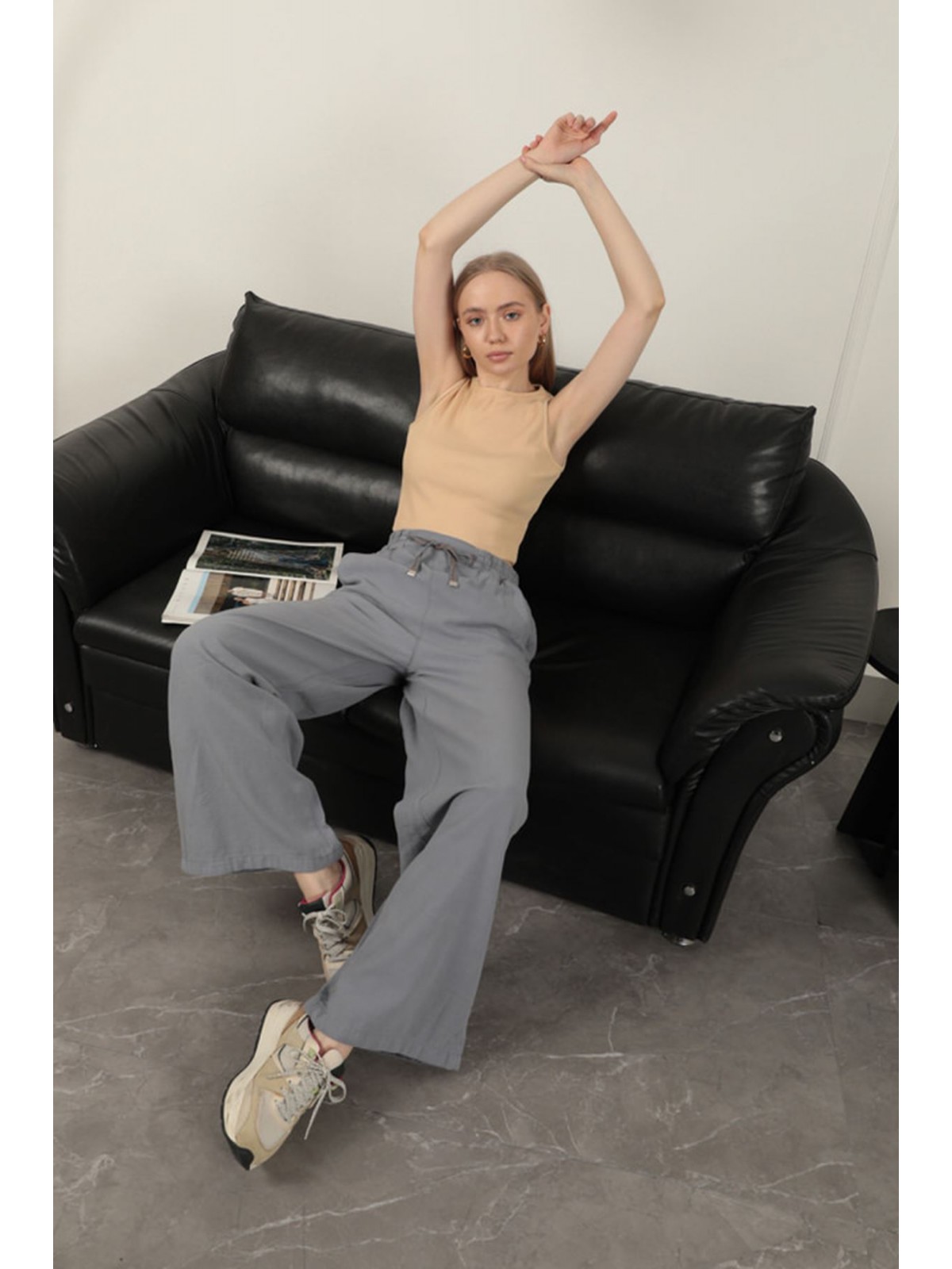 Keten Kumaş Bol Paça Kadın Pantolon-Gri