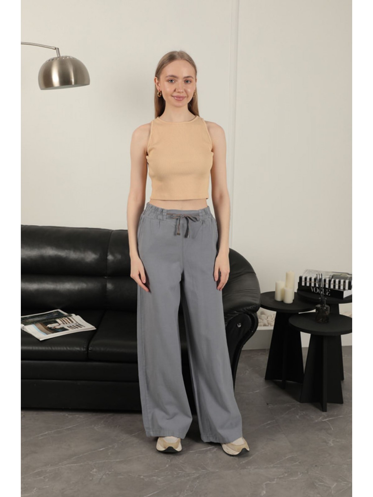 Keten Kumaş Bol Paça Kadın Pantolon-Gri