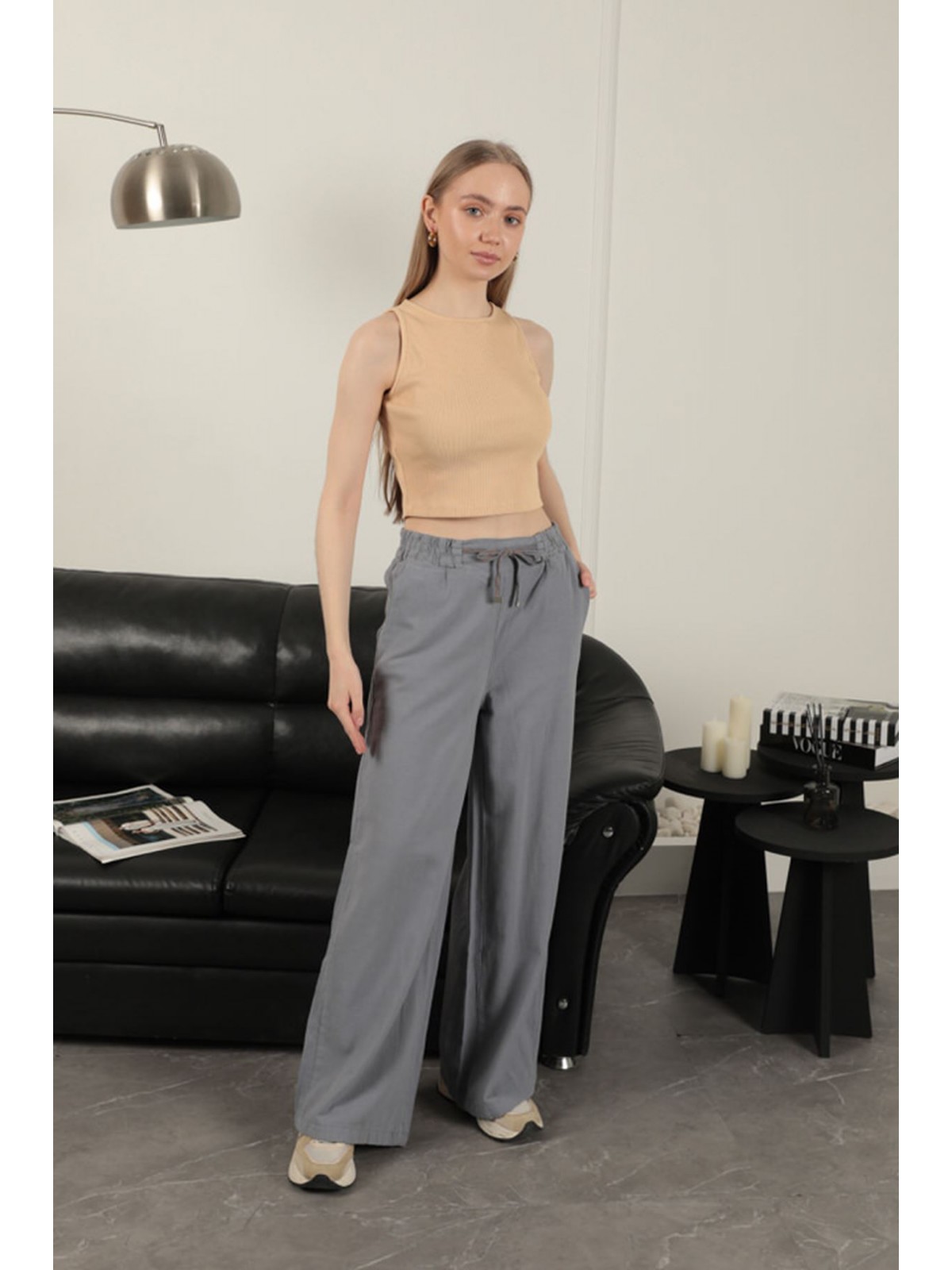 Keten Kumaş Bol Paça Kadın Pantolon-Gri