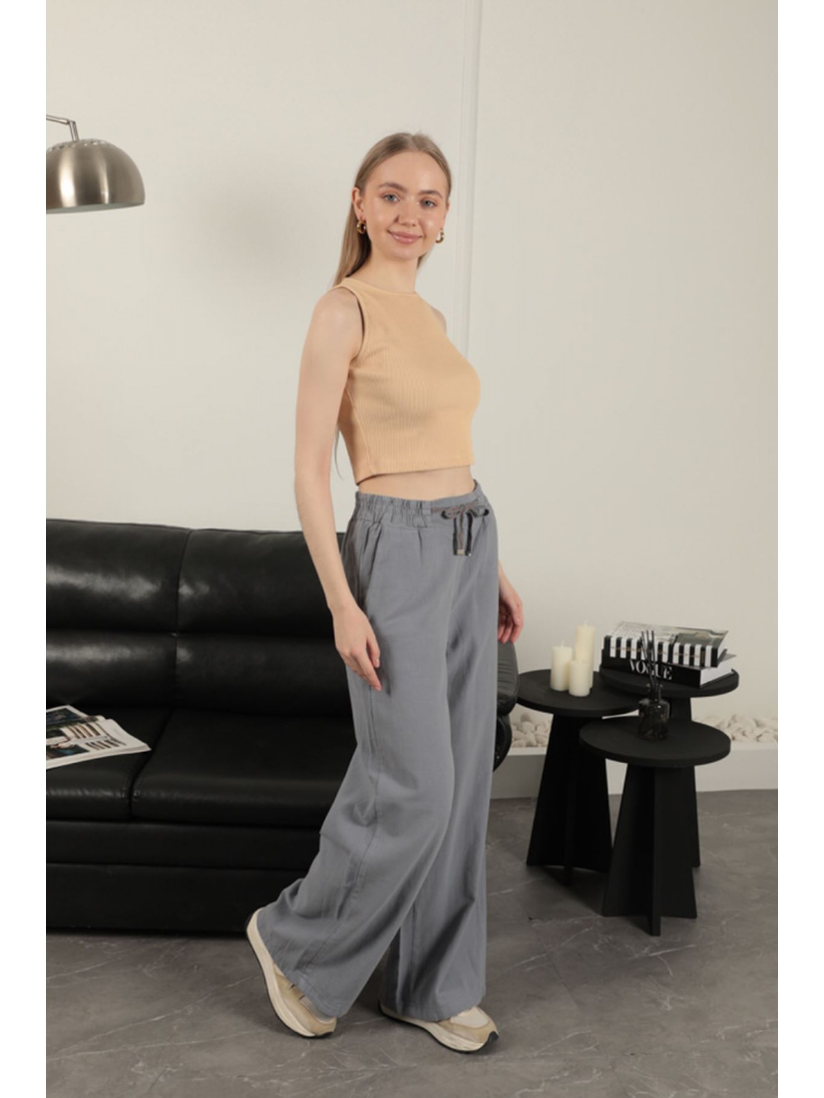 Keten Kumaş Bol Paça Kadın Pantolon-Gri