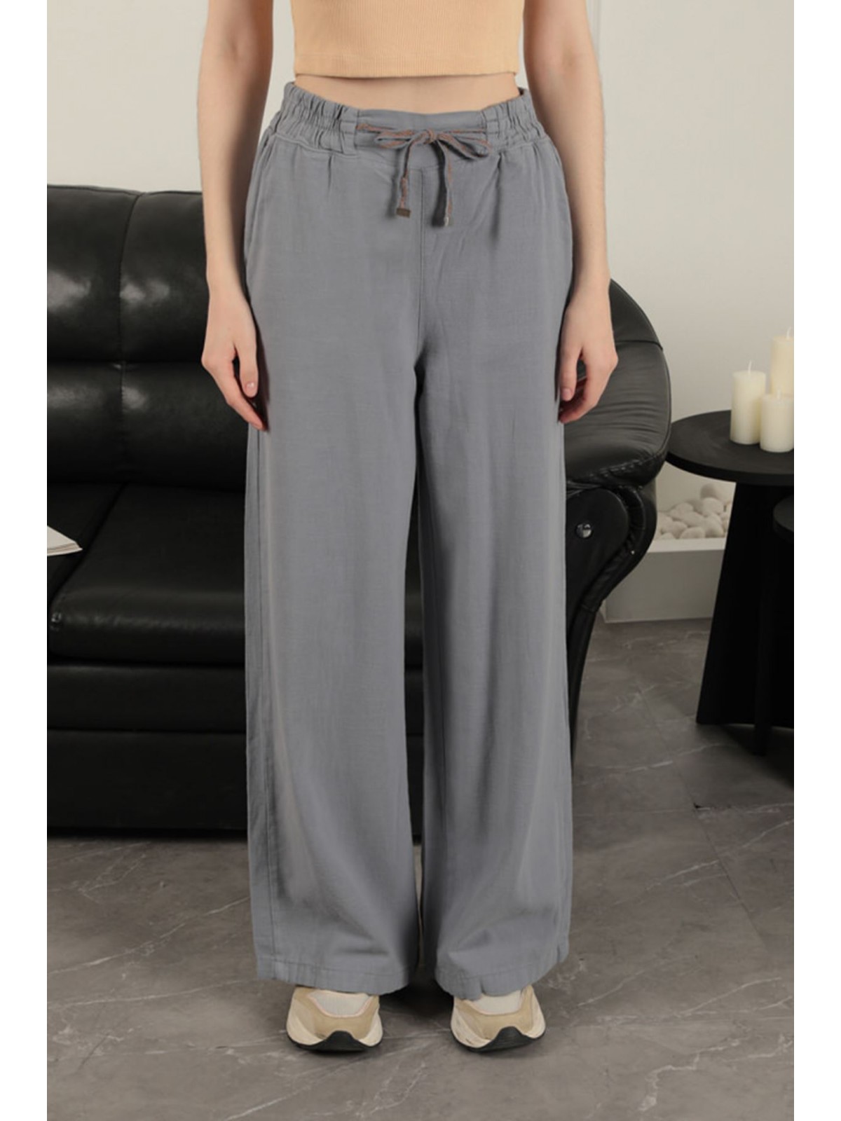 Keten Kumaş Bol Paça Kadın Pantolon-Gri