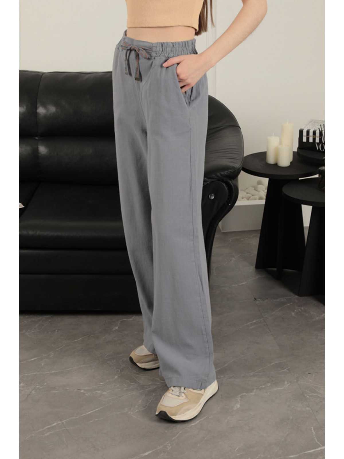 Keten Kumaş Bol Paça Kadın Pantolon-Gri