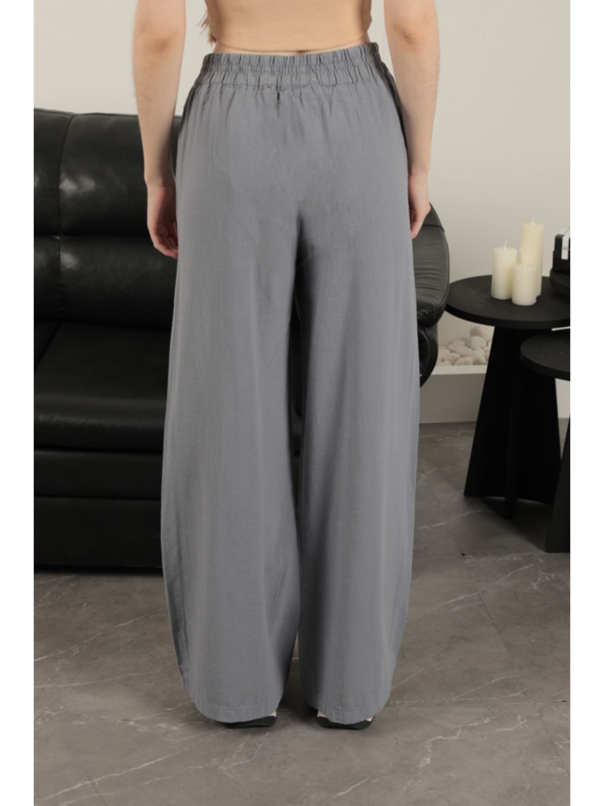 Keten Kumaş Bol Paça Kadın Pantolon-Gri