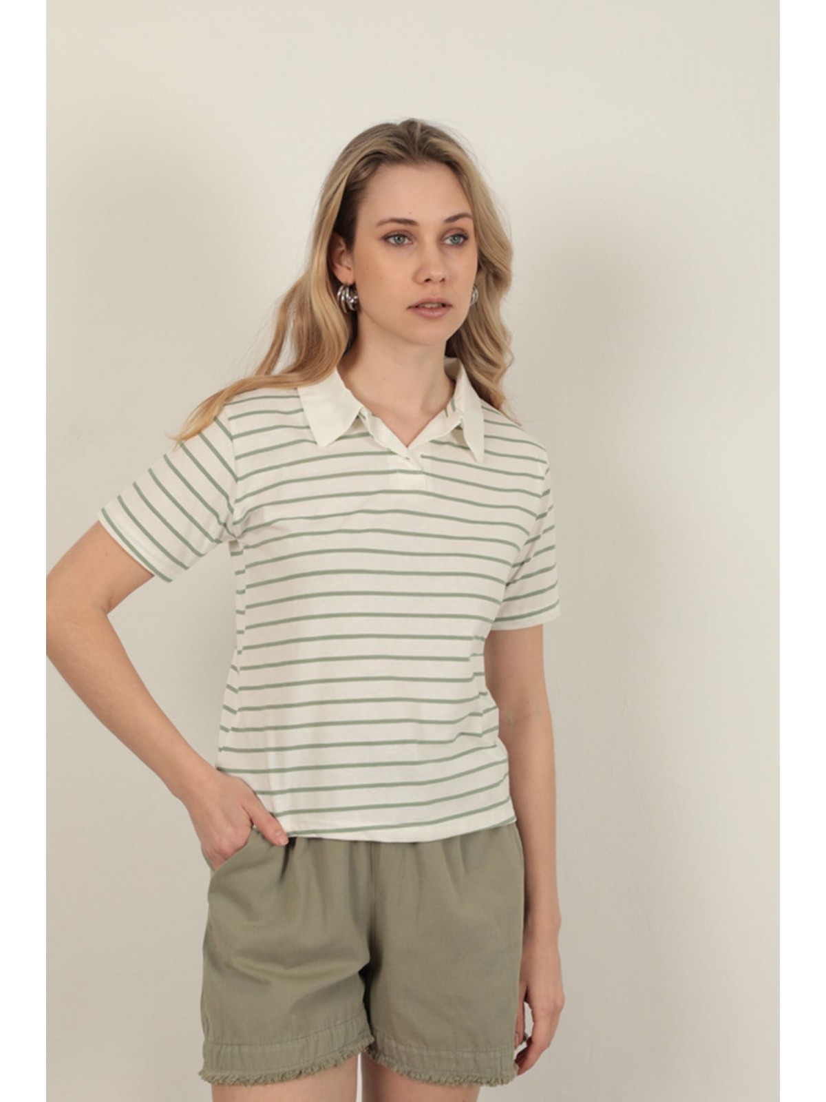 Süprem Kumaş Çizgili Kadın Tişört-Yeşil